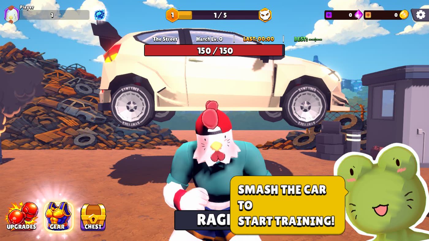 Beefcake: Smash. Muscle Chicken squares up to a car in the junkyard